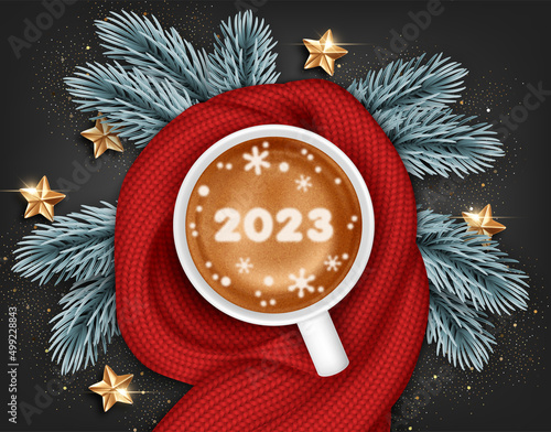 Cup of coffee swathed in scarf. Background for New Year or Christmas card