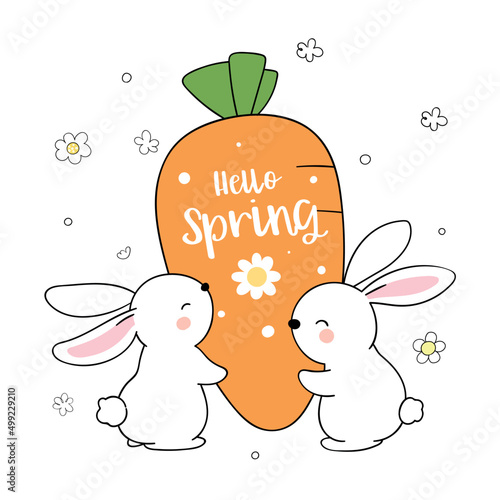 Draw cute bunny holding carrot for spring season