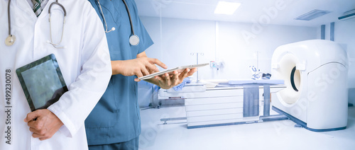 Doctor holding a tablet medical concept Computer X-ray CT scan in hospital
