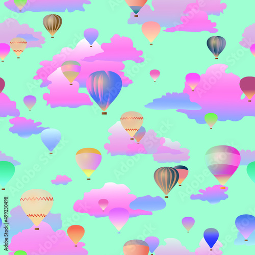 Vector image, seamless pattern of balloons on the background of pink clouds