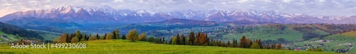 Bardzo szeroka panorama Tatr z drzewami, lasami i łąkami na Podhalu w Polsce. Wczesny poranek na wiosnę, światło świtu
