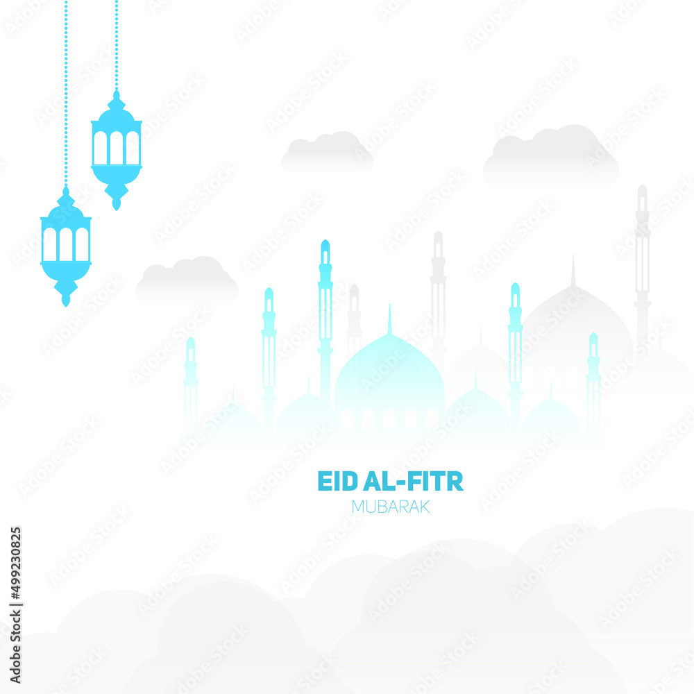 Islamic eid festival greeting with lamp and mosque cloud