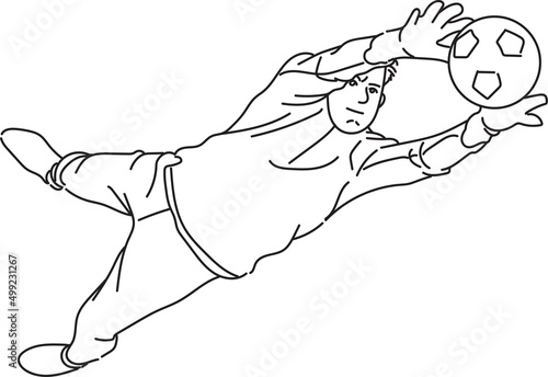 Line Art of a goalkeeper catching ball in a football game