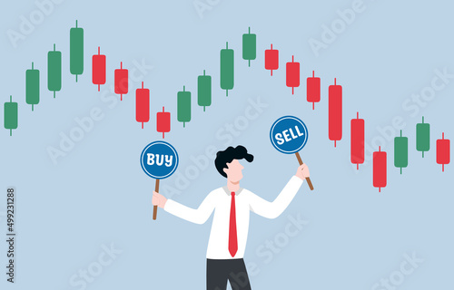 Time decision to invest in stock market, opportunity to buy or sell in cryptocurrency trading, foreign exchange concept. businessman holding buy sign and sell sign while looking at candlestick chart.