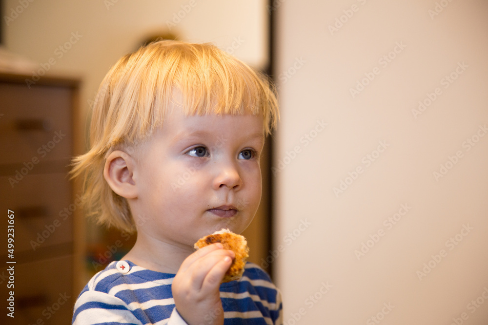 A little blond boy of two years old is cooking homemade cookies in the kitchen A little blond boy of two years old is cooking homemade cookies in the kitchen