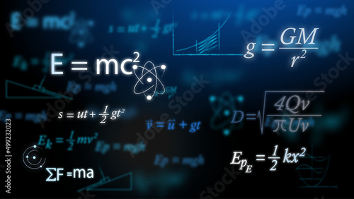 Complex mathematical or physics equations on a black or dark blue background such as Albert Einstein's general relativity and Sir Isaac Newton's laws of motion. physics education. photo