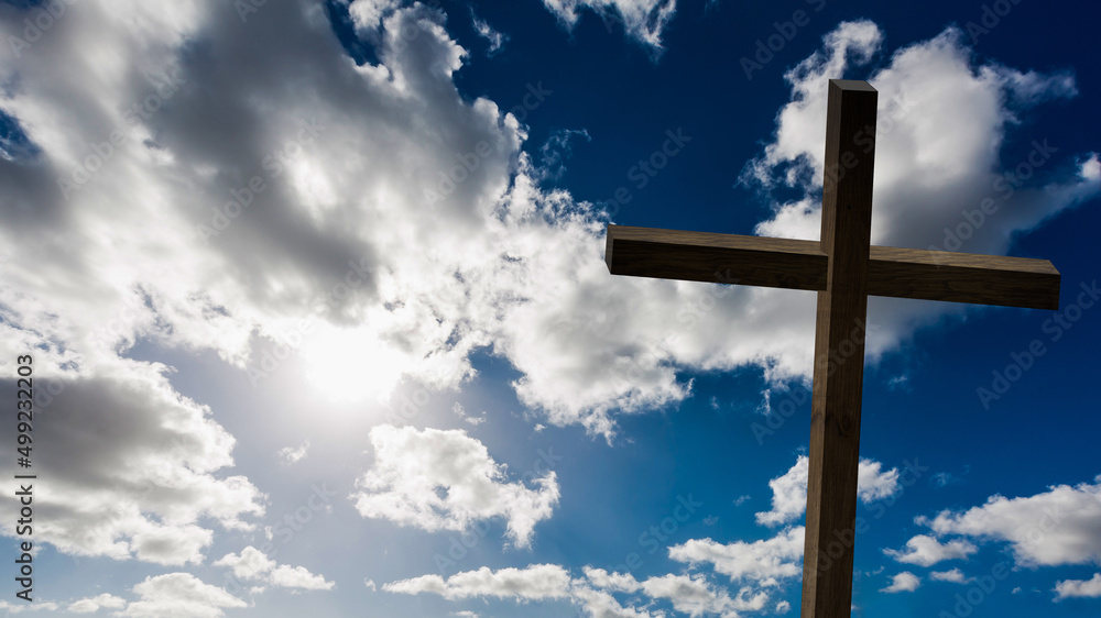 Jesus Christ cross. Easter, resurrection concept. Christian wooden cross on a background with dramatic lighting, colorful mountain sunset, dark clouds and sky, sunbeams. Jesus Christ cross. Easter, resurrection concept. Christian wooden cross on a background with dramatic lighting, colorful mountain sunset, dark clouds and sky, sunbeams.