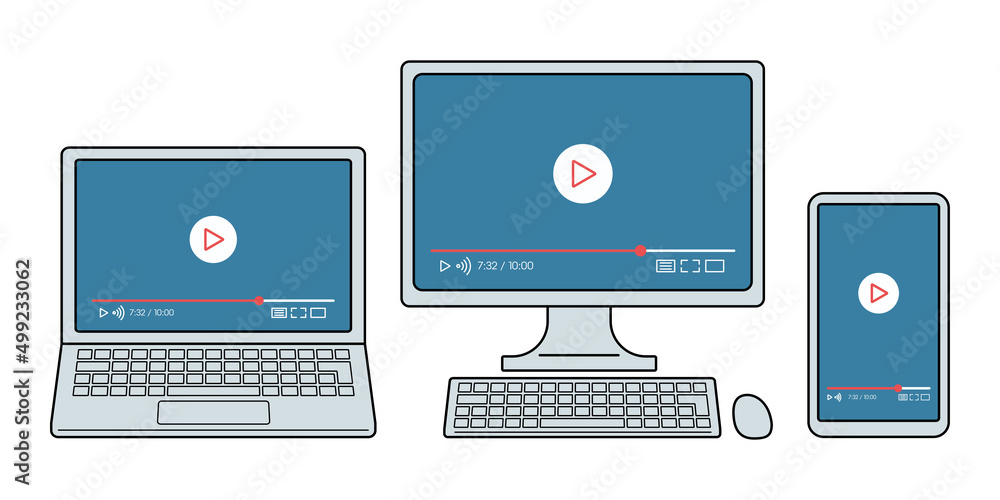 様々なデバイスで動画をストリーミング再生する. ノートパソコン, デスクトップ, スマホの液晶画面.