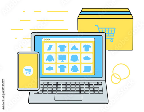 オンラインショッピングのコンセプトイラスト. スマートフォンやノートパソコンで買い物. 荷物の配達.	