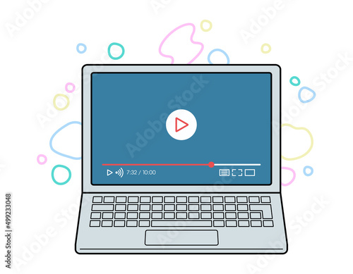 ノートパソコンで動画をストリーミング再生するコンセプトイラスト. オンライン教材や動画サイトなどの視聴.	