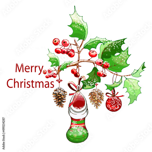 colorful christmas composition of holly branches, cones and christmas toys Christmas composition of holly branches, cones and Christmas tree toy, liner drawing on a white background, suitable for mode