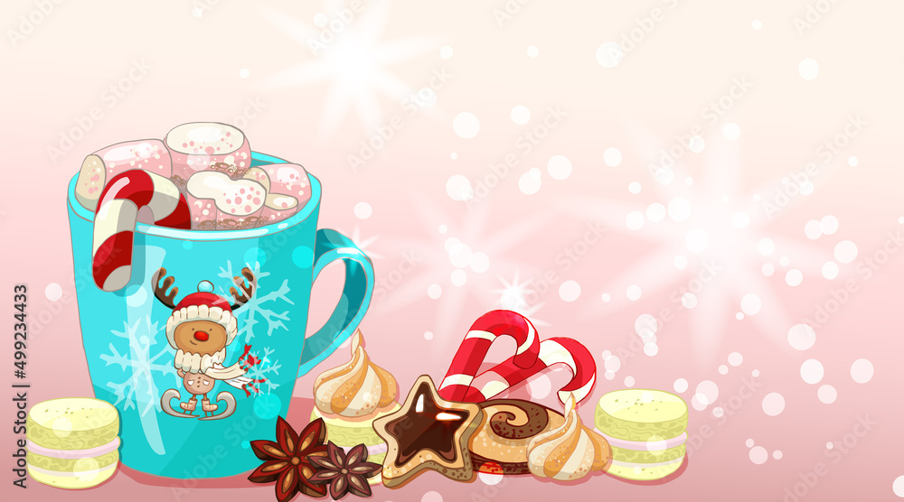 cup with cocoa and marshmallows with cookies, new year, christmas blue cup with cocoa, sweets and cookies on a pink background with a Christmas deer, card for New Year, Christmas cup with cocoa and marshmallows with cookies, new year, christmas blue cup with cocoa, sweets and cookies on a pink background with a Christmas deer, card for New Year, Christmas