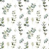 Watercolor seamless pattern with eucalyptus greenery. Hand painted eucalyptus branch and leaves isolated on white background. Floral illustration for design, print, fabric or background
