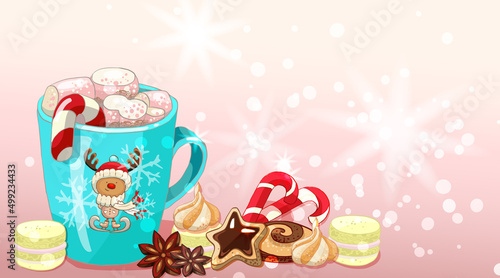 cup with cocoa and marshmallows with cookies, new year, christmas blue cup with cocoa, sweets and cookies on a pink background with a Christmas deer, card for New Year, Christmas