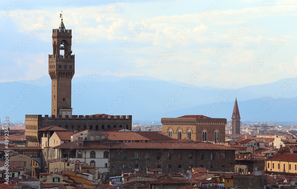 Old Palace in Florence City in Italy and the Tower called TORRE Arnolfo di Cambio