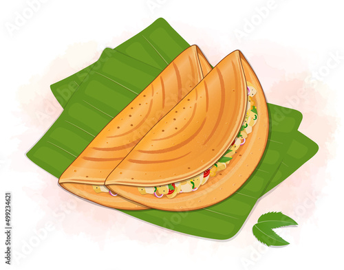 Set of Two Dosa vector illustrations with banana green leaves from the top view
