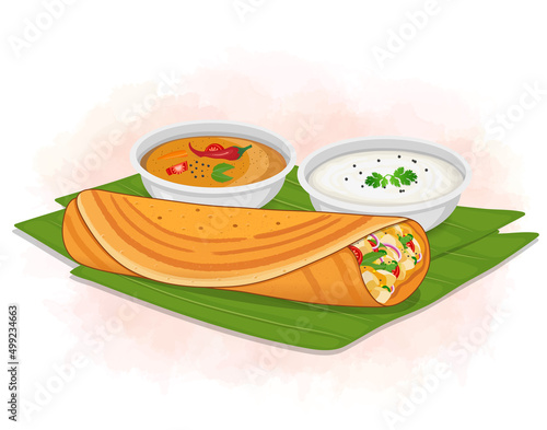 Dosa vector illustration with sambhar and coconut chutney isolated on white background