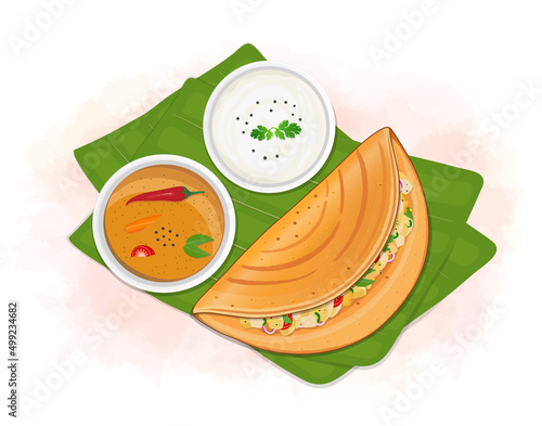 Dosa vector illustration with coconut chutney and sambhar on banana leaves from the top view