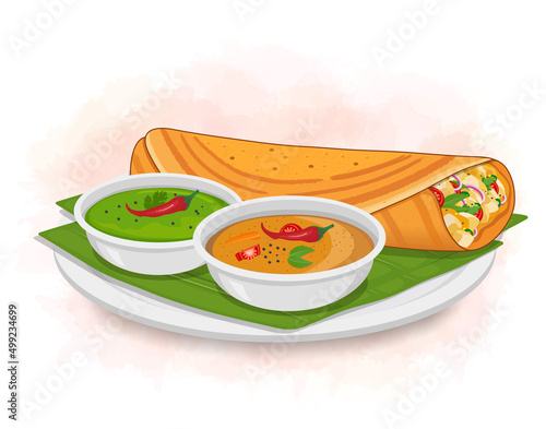 Dosa- vector illustration with sambar and  Green chutney isolated on white background