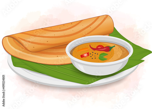 Fresh Dosa vector illustration with sambhar curry