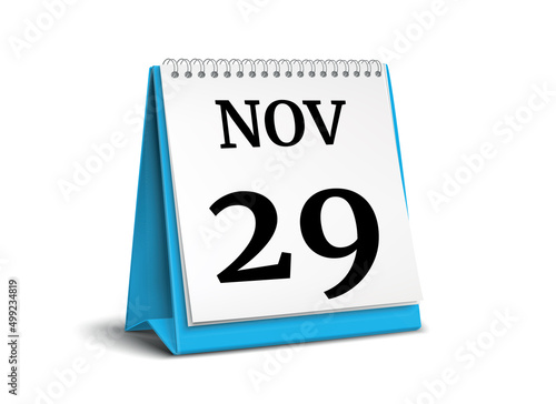 Calendar on white background. 29 November. 3D illustration.