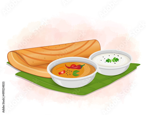 Vector illustration of Dosa with sambhar and coconut chutney vector illustration