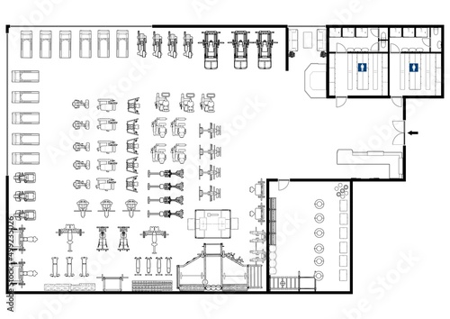 Fitness center 3d illustration. Fitness. Gym. Fitness club. Gym interior design. Floor plan gym.