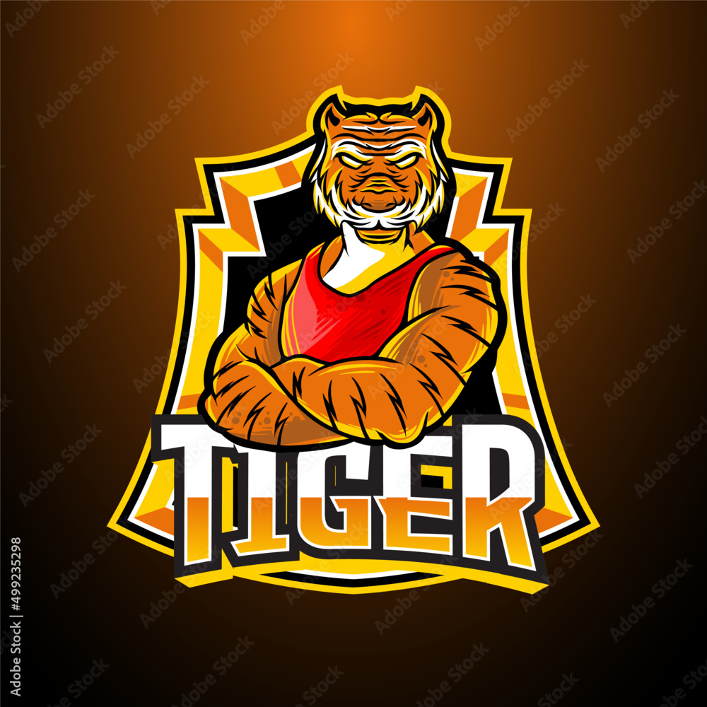Tiger Crossed Arm E-Sport Logo, Mascot, and Emblem Template Isolated Vector. Illustration Logo. Suitable for Game, Streamer, and E-Sport Team. Tiger Crossed Arm E-Sport Logo, Mascot, and Emblem Template Isolated Vector. Illustration Logo. Suitable for Game, Streamer, and E-Sport Team.