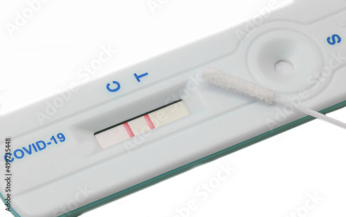 nasal swab and the rapid test kit for diagnosis of coronavirus with two lines of positive symptom