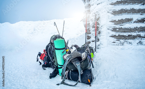 Camping equipment for winter ascents at shelter photo