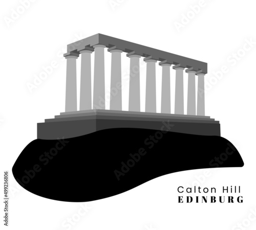 Illustration hill Calton Hillis in central Edinburg, Scotland. Isolated Black and white Flat vector illustration city architecture of Great Britain.