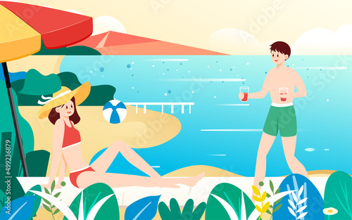People in swimsuits sunbathing on the beach in summer  vector illustration