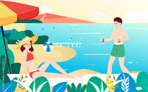People in swimsuits sunbathing on the beach in summer, vector illustration