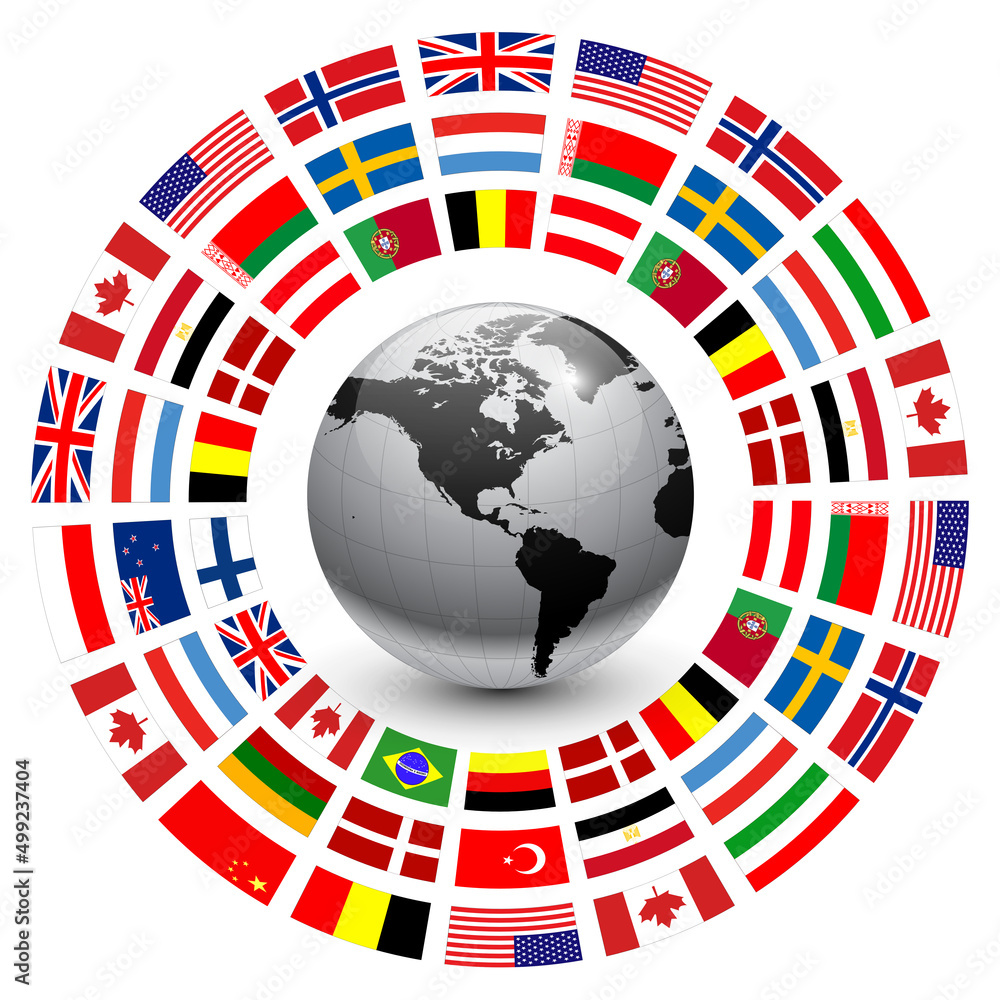 Business background, ring of flags around earth, 3D symbol with international cooperation, earth globe planet surrounded by flags, vector illustration.
Business background, ring of flags around earth, 3D symbol with international cooperation, earth globe planet surrounded by flags, vector illustration.