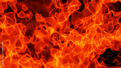 Fire flames texture background, realistic abstract orange flames pattern, 3D glowing fiery render illustration.