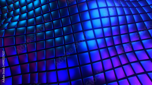 Abstract blue background, 3D squares pattern waves, technology field of cubes, neon glowing texture on black, 3D render illustration background.