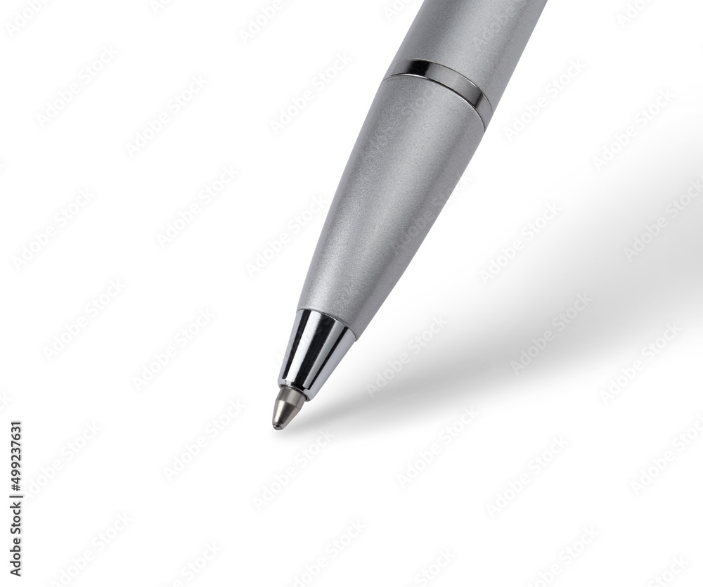 Close up silver ball pen with shadow isolated on white Close up silver ball pen with shadow isolated on white