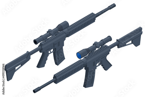 Isometric Modern automatic rifle and a collimator sight isolate on a white background. Tactical submachine gun.