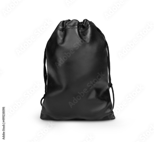 Black leather drawstring pouch mockup isolated on white background.