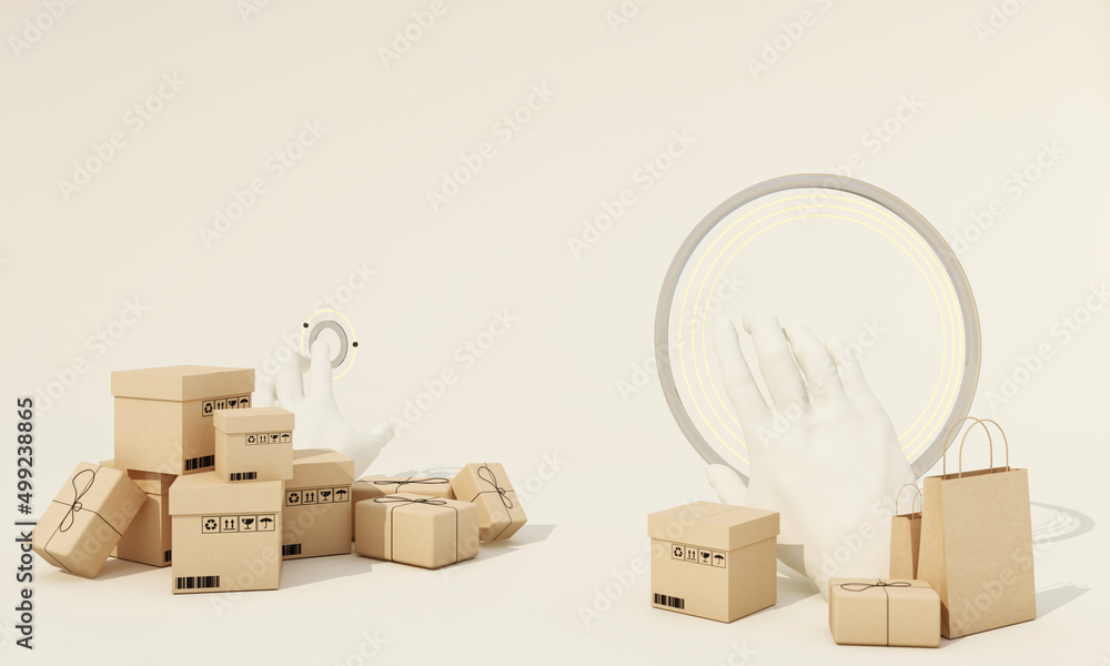 point of view of Shopping Online by using the hand to control the simulation button with parcel box, shopping bag cardboard box and payment via credit card isolate white background realistic 3d render
