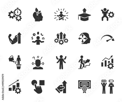 Vector set of efficiency flat icons. Contains icons productivity, personal growth, multitasking, burnout, stress resistance, professional development, performance and more. Pixel perfect.