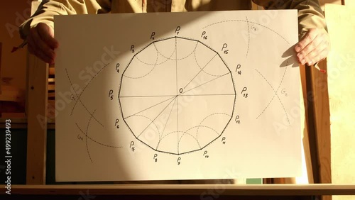 Mathematician shows paper with a regular hexadecagon drawing. Reverse playback video. Date of shooting day 2 March 2022 year, MSK time. This video was filmed in Russia. photo