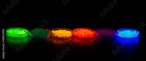 Fluorescent organic materials powder of red, yellow, green color for production OLED inside of glasses bottles in UV light.