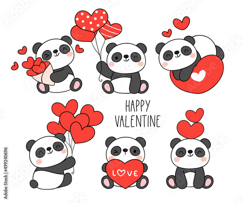 Draw baby panda valentines day Love concept