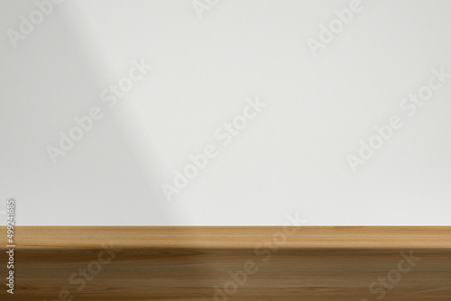 wooden table with white shadow wall product background