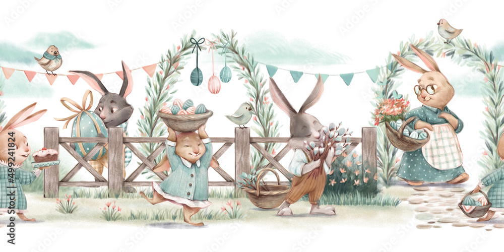 Fototapeta Seamless border with easter bunnies, birds, flowers, flowering bushes and arches decorated with flags and colorful eggs. Hand drawn illustration on a white background. For cards, invitations, children