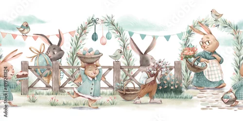 Obraz z króliczkami wielkanocnymi, ptakami, kwiatami, kwitnącymi krzewami i kolorowymi jajkami.