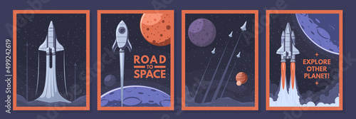 Space shuttle and rockets posters. Rocket launch, explore other planet and road to space vector illustration set