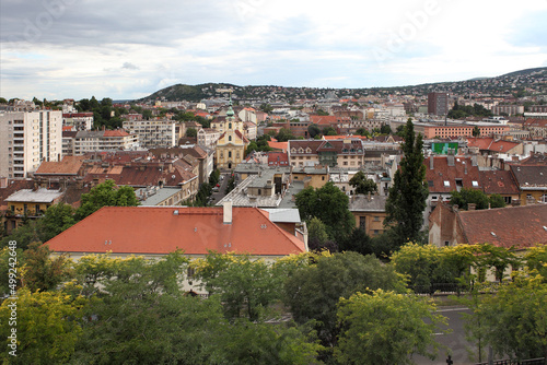  Aerial view of the buildings and rooftops of Budapest