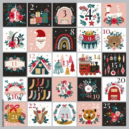 Christmas Advent Calendar. Fun hand drawn vector illustration poster, banner, cards template with winter holiday elements, animals, winter florals.